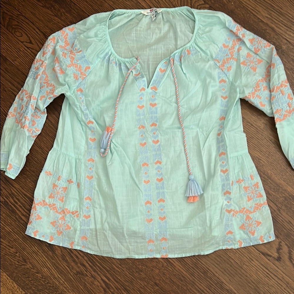 Vineyard vines Savannah Embroidered light aqua and Peach tunic  Top